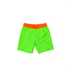 Children's neon green swim trunks with a neon orange waistband.