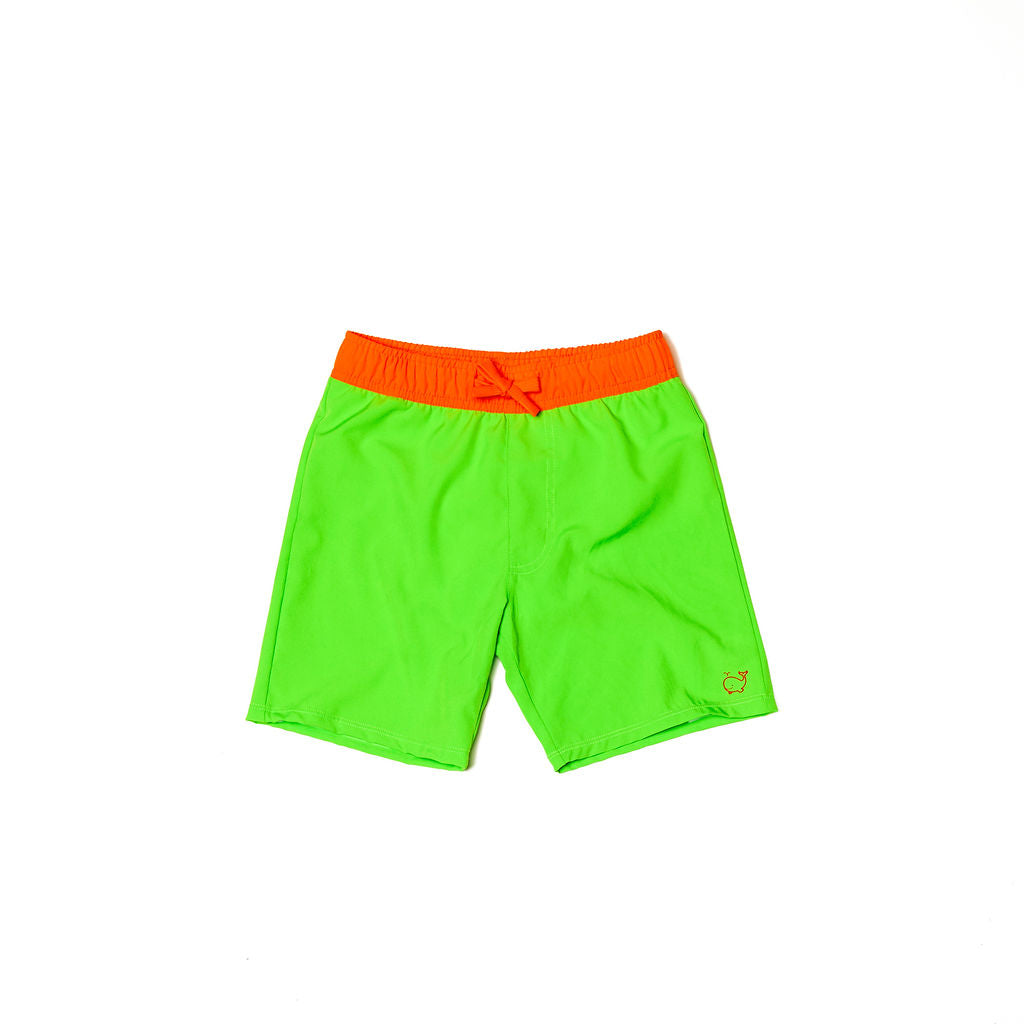 Children's neon green swim trunks with a neon orange waistband.