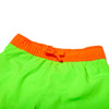 Children's neon green swim trunks with a neon orange waistband that has functional drawstring.