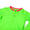 Close up of zipper on children's neon green rash guard with a neon pink collar