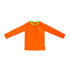 Children's neon orange rash guard with a neon green collar.