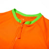 Close up of zipper on children's neon orange rash guard with a neon green collar