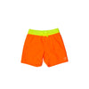 Children's neon orange swim trunks with a neon yellow waistband and functional drawstring.