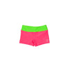 Children's neon pink euro swim shorts with a neon green waistband.