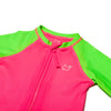 Close up of zipper on infant/toddler neon pink and neon green rash guard one piece.