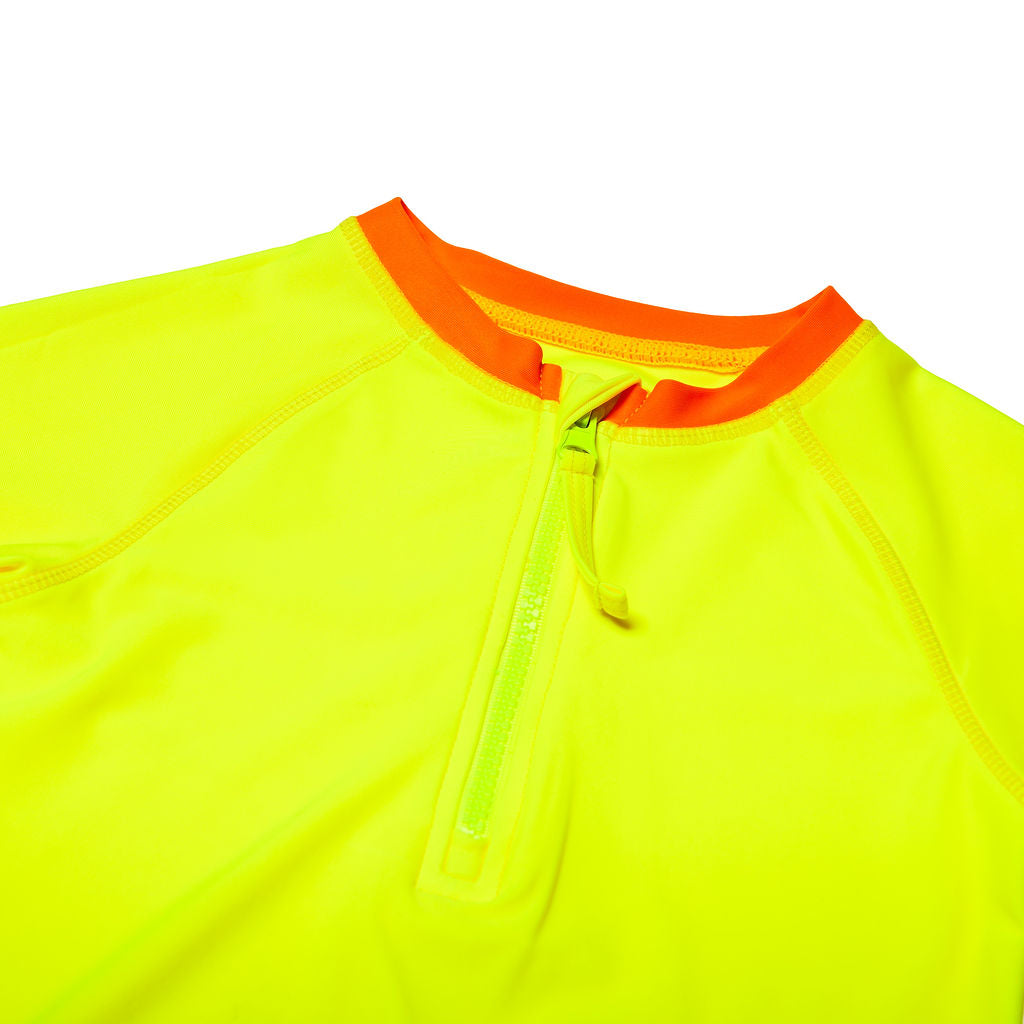 Close up of zipper on children's neon yellow rash guard with a neon orange collar